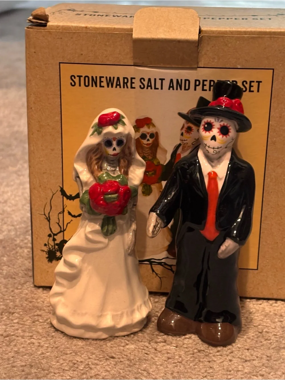 Stoneware Day of the Dead Bride & Groom Salt and Pepper Set - White and Black